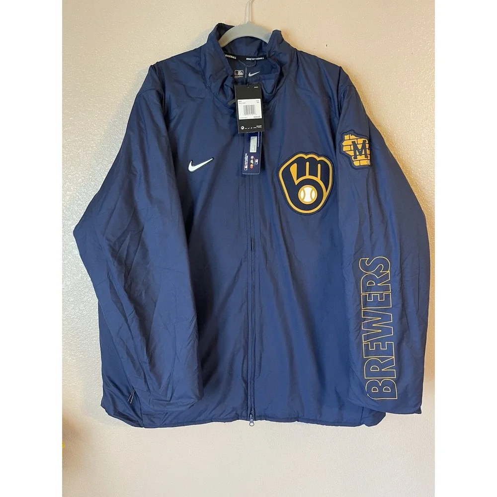 Men's 2XL NWT Milwaukee Brewers Nike Dugout Full Zip Jacket Navy